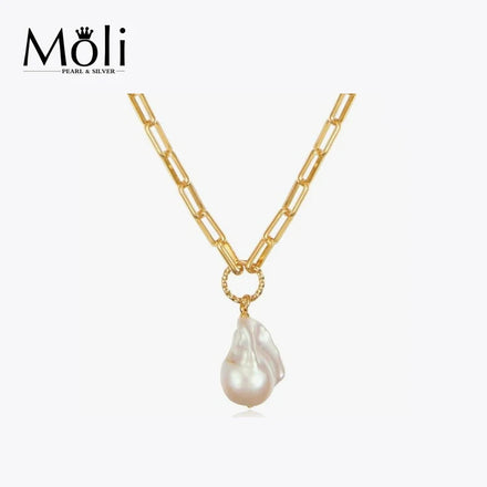 Fashion Punk Style Thick Chain Freshwater Baroque Pearl Charm Necklace for Women Jewelry