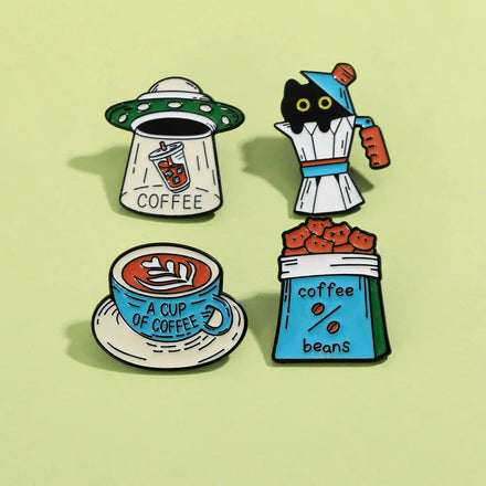 Cartoon Funny Black Cat Coffee Beans Metal Pins Custom Coffee Cup Pot Soft Enamel Lapel Badge Pins Brooches Wholesale