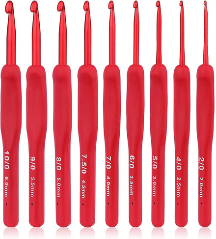 2.0-6.0mm Red Crochet Suit 9pc Beginner Gift Soft Handle Knitting Set for Socks Yarn Handicrafts DIY Weaving Tools