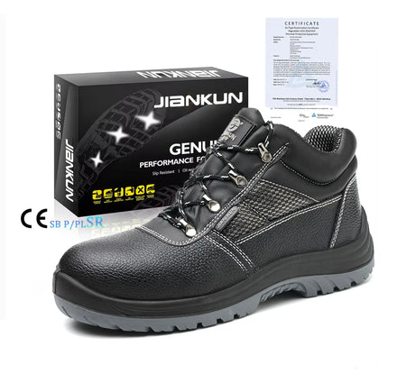 JIANKUN CE S3 Men's Mid Cut Embossed Leather Upper Steel Toe Anti-Static Impact Work Safety Shoes for Construction Protection
