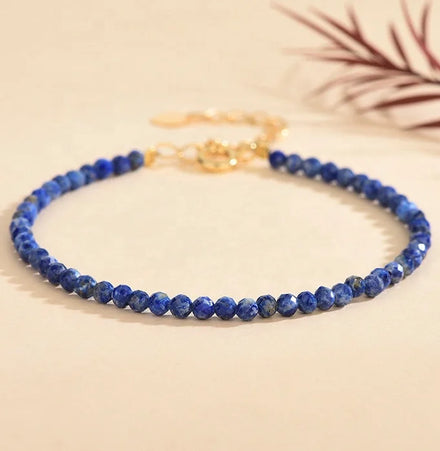 3mm Natural Lapis Bracelet for Women Jewelry 18k Gold Plated Chain Minimalist Adjustable Gemstone Beaded Bracelet