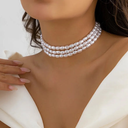 Vintage Classic Pearl Triple Layer Beaded Adjustable Choker Necklace