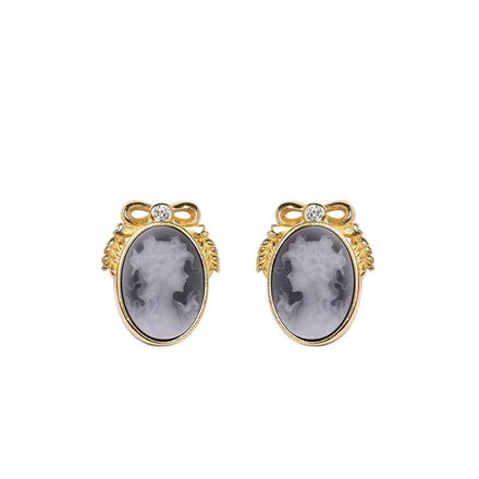 Heizun New Design Bowknot Carved Lady Portrait Cameo Gemstone Stone Vintage S925 Sterling Silver Jewelry Earrings for Girl