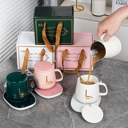 Logo USB Office Home Gift Smart Ceramic Warmer Cup Heater Heating Pad Temperature Control Water Coffee Mug Set