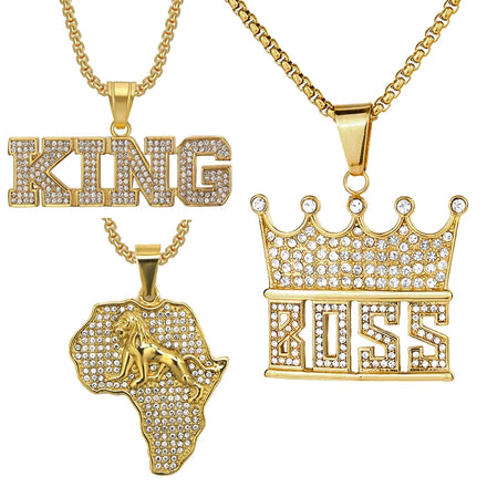 Full Crystal Diamond Paved Iced Out Punk Jewelry 18K Gold Kings BOSS Pendant Necklace for Men/Women Jewelry Gifts