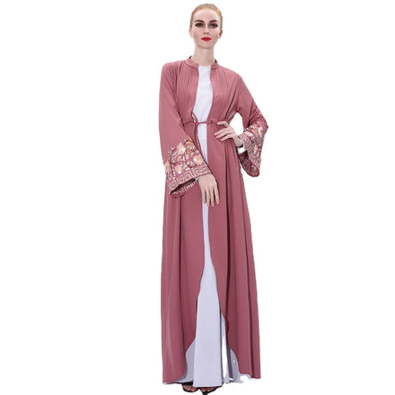Plain Color Front Open Drawstring Waist Pleated Top Embroidery Cuff Women Muslim Dress