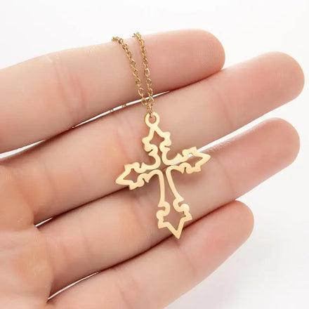 Original Design Religious Faith Jewelry Fashion High Polished 18K Gold Plated Stainless Steel Hollow Cross Necklace for Women