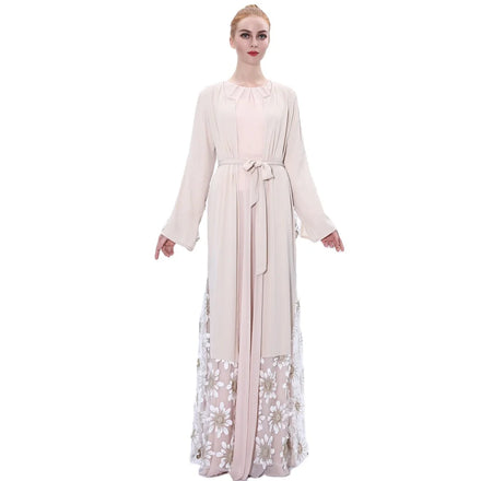 White Apricot Color Breathable Fabric Embroidery Flower Lace Flare Cuff Fashion Design Lace Abaya for Muslim