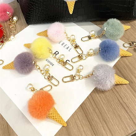 Wholesale Color Furry Plush Cute Ice Cream Pearl Keychains Toys Bag Charm Accessories Fur Ball Pom Pom Food Ice Cream Keychain