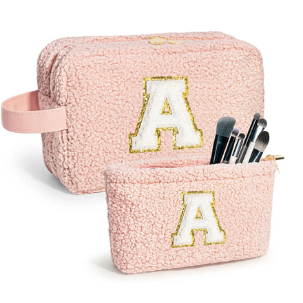 Qetesh Makeup Bag Personalized Travel Toiletry Makeup Brush Teddy Plush Cosmetic Bags for Women Custom Makeup Bag