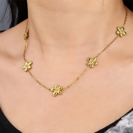 Vintage Women Stainless Steel Five Flowers Link Necklace 18K Gold Plated Jewelry
