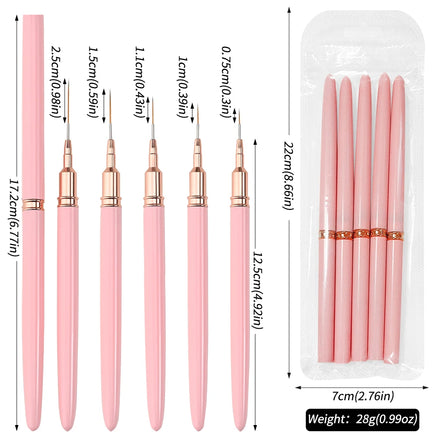 5pcs 7/9/11/15/25mm Nail Liner Brush Set UV Gel Nail Brushes Kits French Stripe Line Painting Drawing Flower Pen Manicure Tools