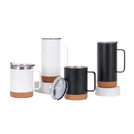 Cork Bottom Travel Mug With Handle Coffee Cups 12oz 16oz Reusable Sustainable Tumbler Wooden Stainless Steel Two Wall Insulated