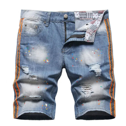 American Street Style Customize Summer Shorts Jeans Light Blue Ripped Pants Cross Print Straight Denim Shorts