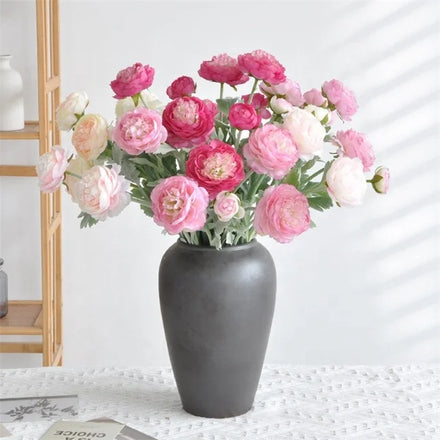 3-Headed Foldable Artificial Silk Ranunculus Flower Pink and White for Christmas Wedding Decorations Home Party Centerpieces