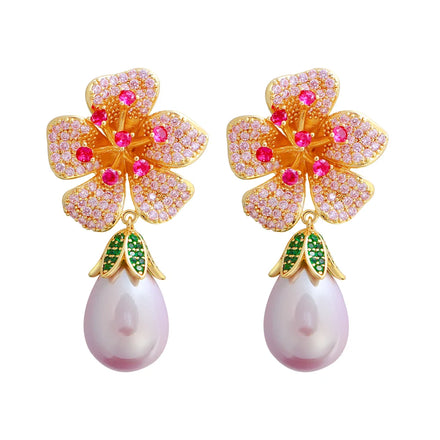 Popular Designs Cubic Zirconia Party Earrings 18k Gold Plated Blooming Flower Pearl Drop Wedding Earrings for Women Jewelry