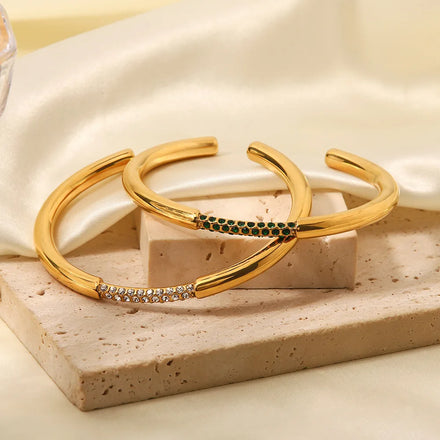 Minimalist 18k Gold Plated Stainless Steel Cuff Bracelet Non Tarnish Jewelry Party Gift Open Green White Cubic Zirconia Bangles