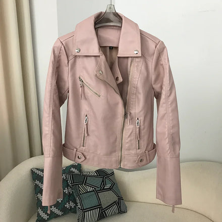 OFTBUY 2024 New Luxury Spring Autumn Woman Faux Leather Jacket Short Lapel Zipper Biker Coats Fashion Streetwear Mujer Tops