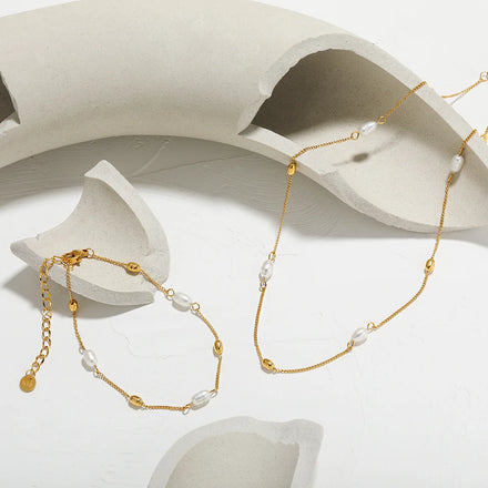 Light Luxury Waterproof Jewelry Set 18k Gold Plated Stainless Steel Fresh Water Pearl Chain Necklace YF5039