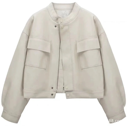 2024 New Fashion Hong Kong Style Women's Short Style Motorcycle Jacket Stand Collar Zipper Closure Vintage Popular Casual Top