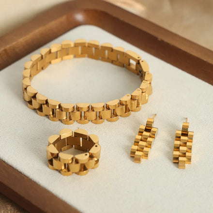 Non-fading 18k Gold Plated Fashion Punk Jewelry Set Stainless Steel Watch Bracelet Ring Earrings for Women Ensembles De Bijoux