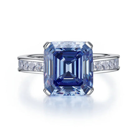 Ins Hot Sale 10x11mm Asscher Cut Gray Blue 5A Cubic Zirconia 925 Silver Rings for Fashion Girls