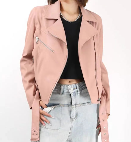 Leather Women's Short Jacket 2024 Spring Autumn Motorcycle Leather Jacket Temperament Sweet Cool Style Women's Top