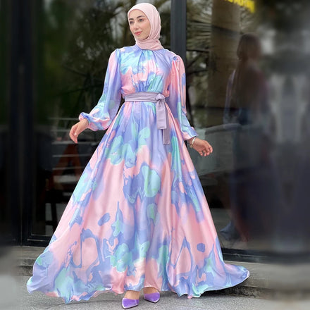 New Exclusive Muslim Long Dress Printed Elegant Party Daily Muslim Woman Dresses Purple Pink Long Dress for Muslim Women