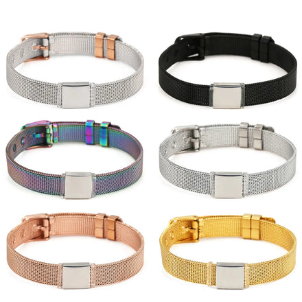 Classic 10mm Stainless Steel Mesh Bracelet Short Square Slider Charm Adjustable Unisex DIY Engrave Bangle Closure Blank