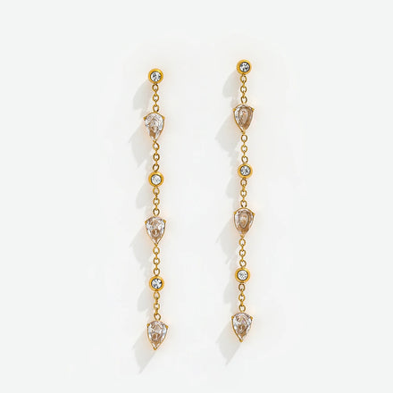 Fenny 18K Gold-plated Wholesale Jewelry Fashion Long Tassel Chain Teardrop Zirconia Hoop Stainless Steel Earring for Women