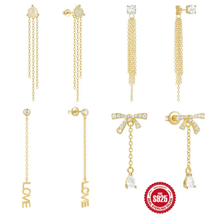 Fashion Jewelry 925 Sterling Silver Earrings Bowknot LOVE Drop Diamond Opal Long Tassel Chain Gold Plated Stud Earrings Women