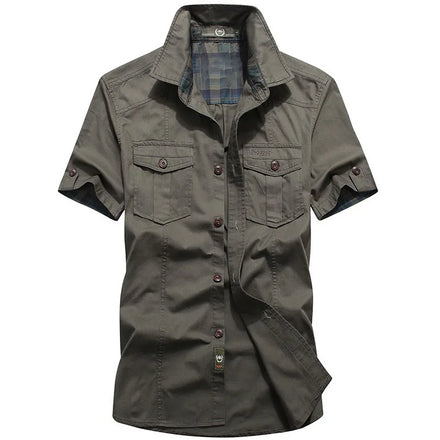 RNSHANGER New Men Summer Short Sleeved Shirts Multi Pockets High Quality Male Cotton Outdoor Casual Solid Color Male Shirts