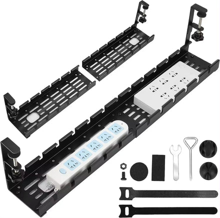 Smart No Drill Width Adjustable Large Capacity Under Desk Cable Management Tray Desktop Cable Storage Organizer with Clip