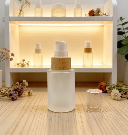 30ml Bamboo Treatment Pump Bamboo Lid Frosted Glass Pump Bottle Skin Care Product Container