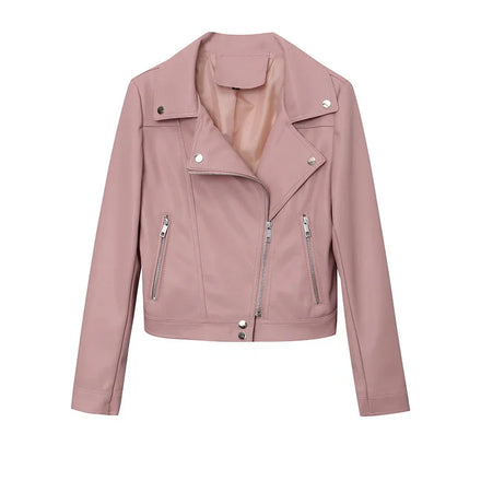 2024 Autumn Winter Fashionable Waterproof PU Leather Jacket for Women Diagonal Placket Zipper Design Patchwork Motorcycle Style