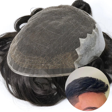 Q6 Full Lace Wig with PU Base Men's Replacement System Human Hair Toupee-Remy Brazilian Hair 8 Inches
