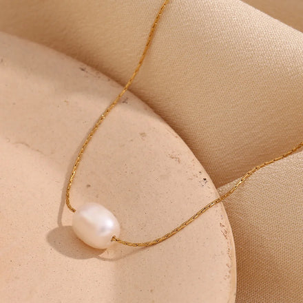 Fresh Water Pearl Minimalist Necklace 18k Gold Plated Stainless Steel Jewelry Waterproof Necklace