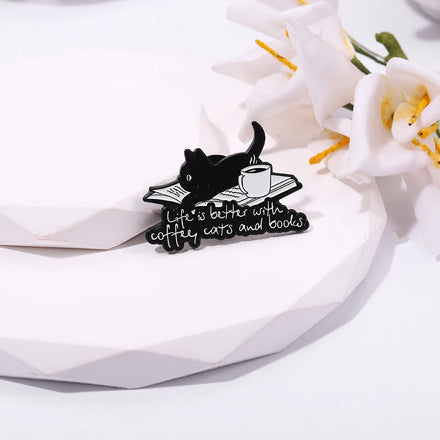 Enjoying Life Cartoon Brooch Cat Books Coffee Letters Metal Enamel Pins Bulk for Clothes Hats