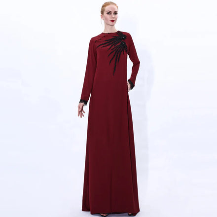 Wholesale Price Lace Pearl Pattern Pure Color Muslim Women Dress Abaya Islamic Clothing