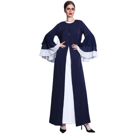 Pure Color Long Skirt Button Closure 3 Layers Tiered Sleeves Abaya for Eid Muslim