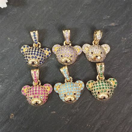Winter New18K Gold Cute Animal Head Bear Charms Necklace Colorful Zircon Pendants for Necklace Bracelet Jewelry Making