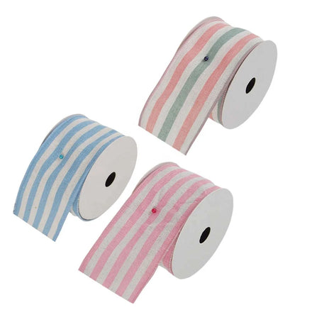 Custom Pink Blue Polyester Ribbon Spool with Stripe Wire Edge for DIY Bows Gift Wrapping Easter