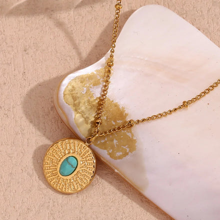 Hammered Turquoise Natural Gemstone Jewelry Gold Plated Vintage Jewelry for Women Stainless Steel Necklace