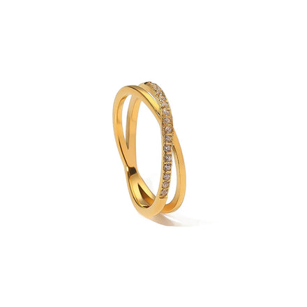 Creative Stainless Steel 18K Gold Plated X Shape Double Layers Cross Band Zirconia Women Ring Waterproof Jewelry