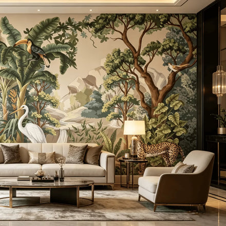 Custom Digital Printed Natural Linen Wallpaper Jungle Pattern Eco Friendly for Residential Interior Decoration