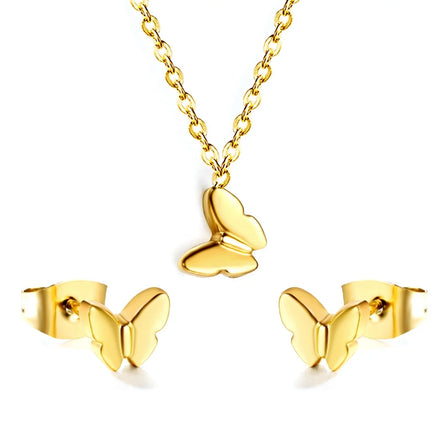 Fashion Women PVD18K Gold Plated Stainless Steel Butterfly Pendant Necklace Stud Earrings Women Butterfly Jewelry Set