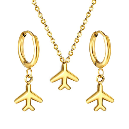 Wholesale Custom Fashion Jewelry Set Airplane Shape Stainless Steel Necklace and Hoop Charm Earring Sets