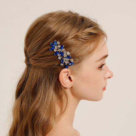 Romantic Blue and Black Handmade Wedding Headdress Glass Stone Bridal Rhinestone Hair Comb for Women