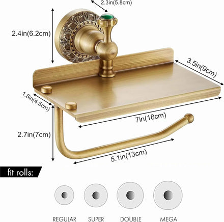 Solid Brass Wall-Mounted Toilet Roll Holder Toilet Paper Tissue Holder with Mobile Phone Storage Shelf