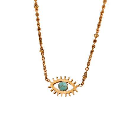 Vintage Stainless Steel Green Bead Eye Pendant Necklace Turquoise with Gold Plating Unisex for Wedding Party or Gift
